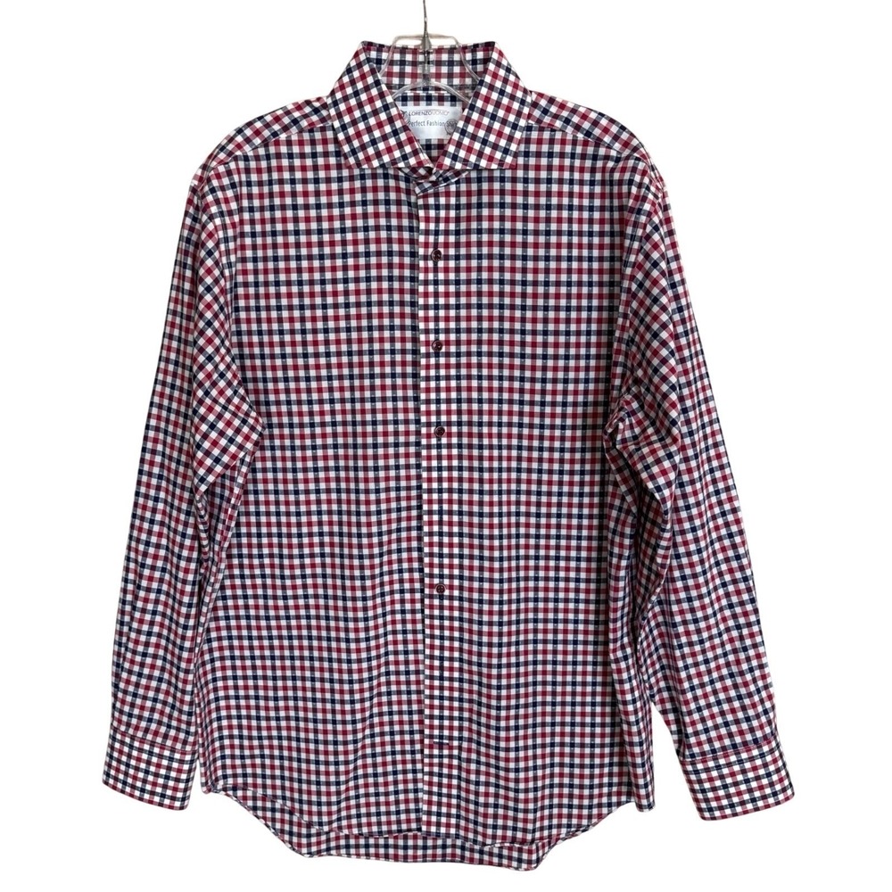 Lorenzo Uomo Men's 16.5 34/35 Red White Blue Check Button Up Shirt‎ Excellent